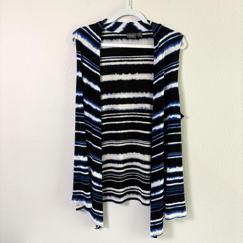 Chicos Travelers Sleeveless Waterfall Cardigan Size 2 US L Blue Black Striped